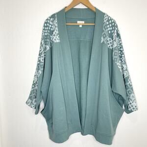 Garnet Hill Relaxed French Terry Open Front Cardigan Womens Medium Green Print